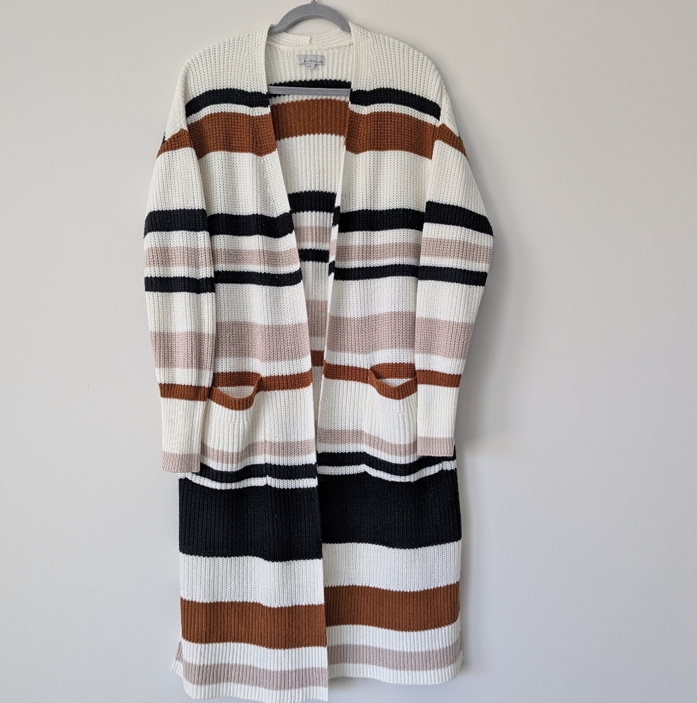Allison Joy Evereve Phoebe Stripe Cardigan Open Front Full Length Duster - Picture 2 of 10